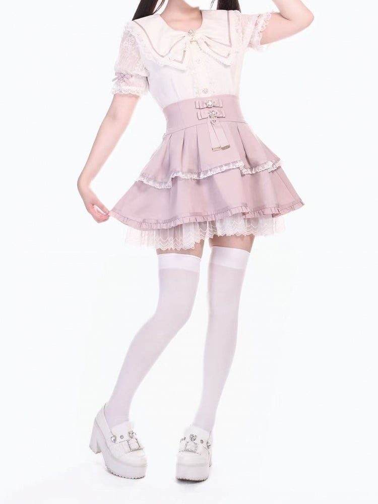 Bluse mit rosa-weißen Schleifen und Kronenbrosche Jirai Kei Schleifenkragen