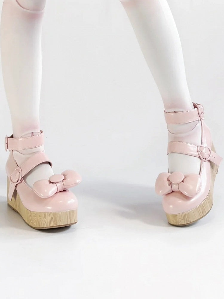 Platform - Shoes Top Buckles at Bow PU Sweet Heart Baby Pink