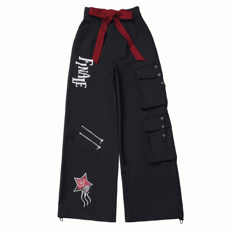 Straight-leg Cargo Black Double Zippers Drawstring Cuffs Pants