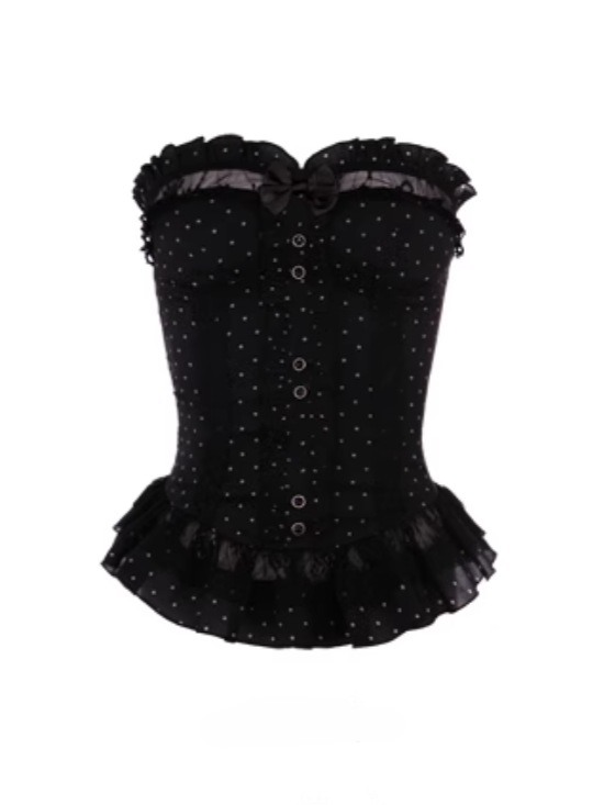 Corset Embroidery Bow Black Lace Bustier With Detachable Floral Ruffled