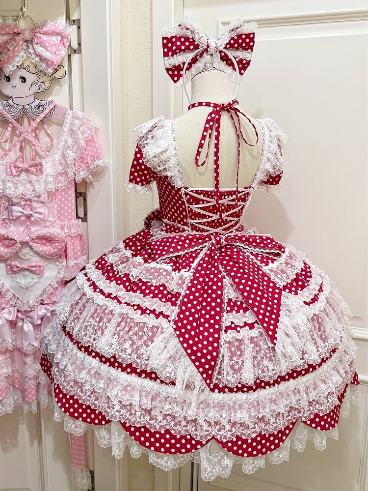 Dress Pattern Old Red Dots Short Polka School Sleeves Bow Accents Lolita