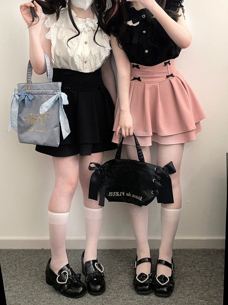 Ärmel Bow Kei und Flatter mit Krawatte Jirai Herzförmige Trim Bluse Schwarz/Weiß Flügelspitze