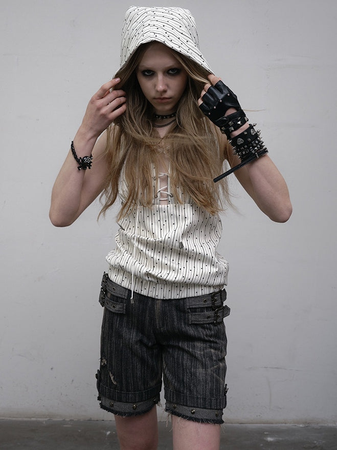 Print Top White Star Pattern Lace-up Sleeveless Hoodie Striped Detail