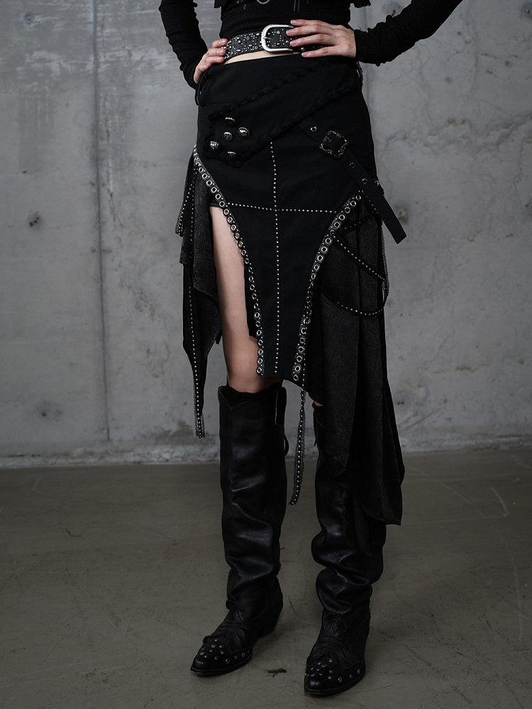 Rock mit Verzierungen PU Taschentuch Saum Punk Gothic Metal Schwarz