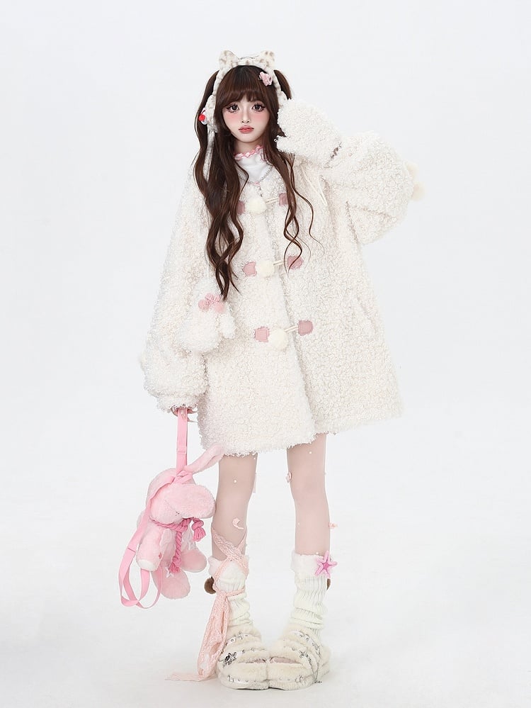 White Cute Kitty Ear Thick Hooded Coat with Free Gloves
