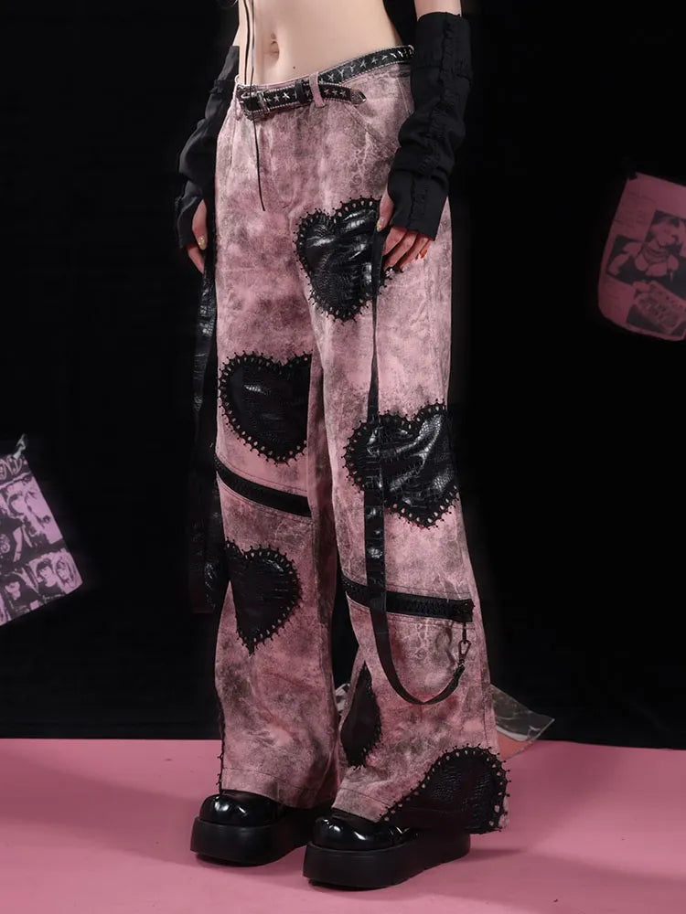 Applikation Herz Gothic Bein Rosa Weite Jeans Schwarz mit Reißverschlüssen Punk