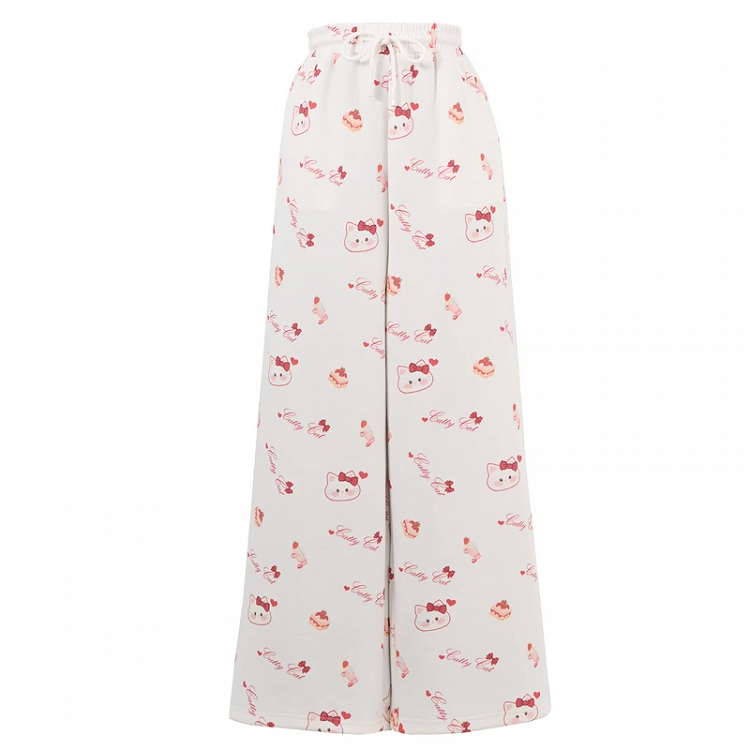White Drawstring Waist Allover Kitty Print Wide-Leg Casual Pants