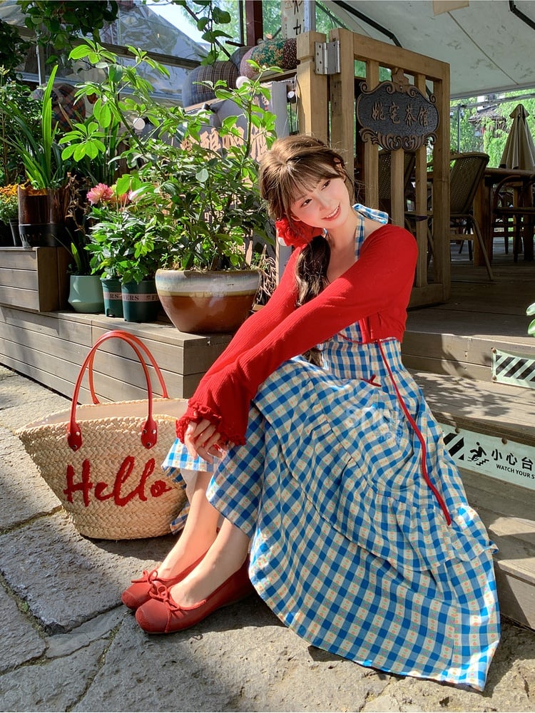 Knit Cardigan with Self-tie Strap Vintage Sweet Red Ruffled Cuffs