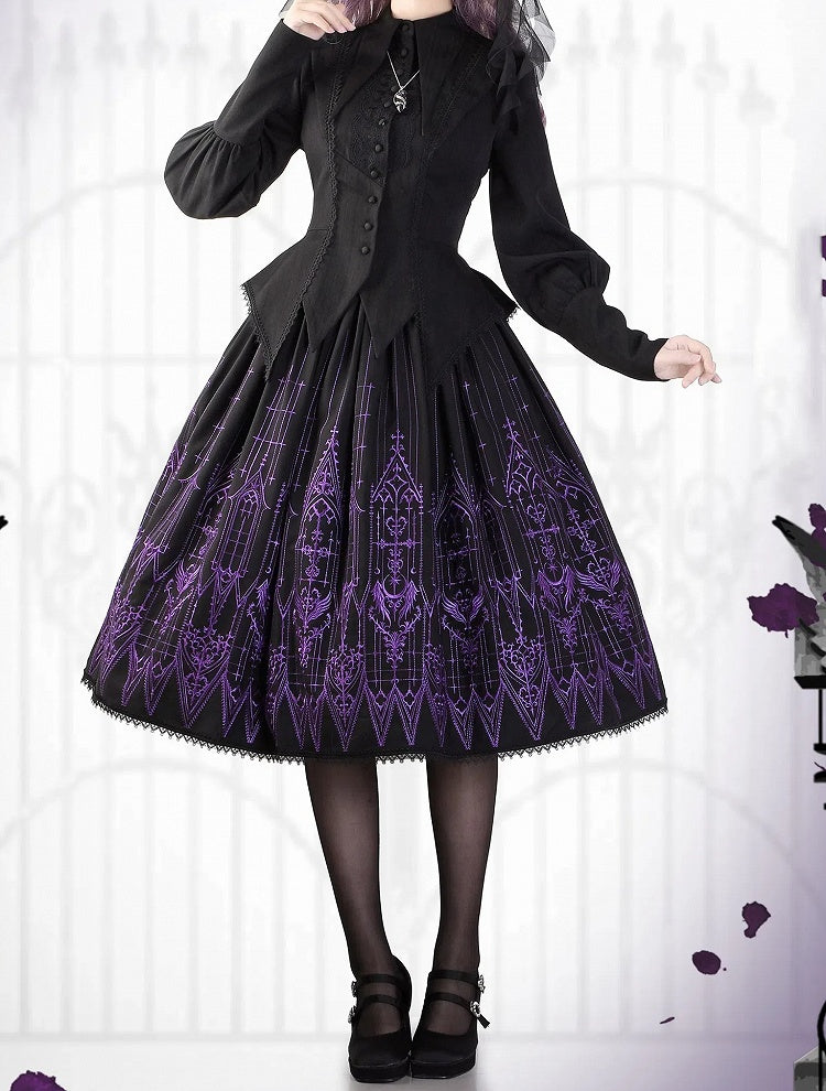 Black Gothic Lolita Cathedral Glass Skirt Embroidery Purple