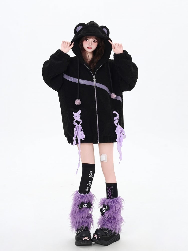 Black Lace-up Detail Bear Ear Thick Hooded Coat