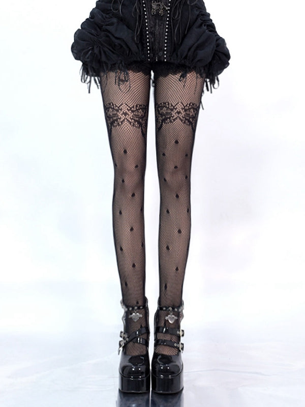 Black / White Bowknot and Polka Dots Pattern Fishnet Tights
