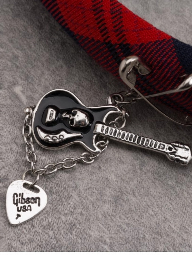 Studs Red KC Charm Buckle Design With Guitar Pattern Black Plaid And