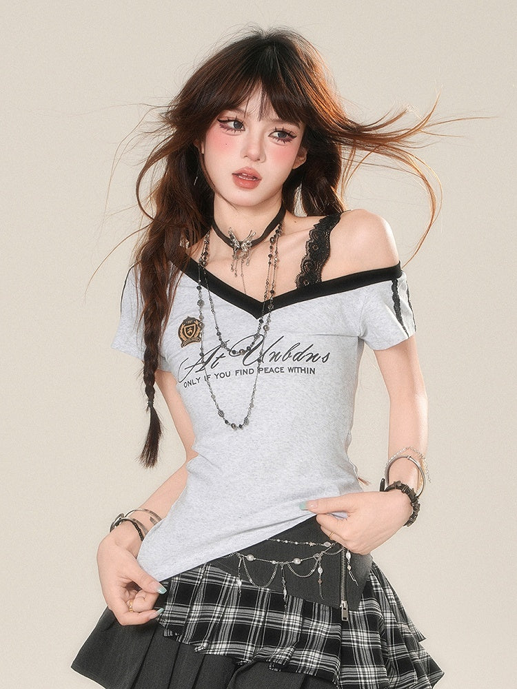 Cutout Gray Shoulder Glamorous Asymmetrical Neckline Graphic T-Shirt