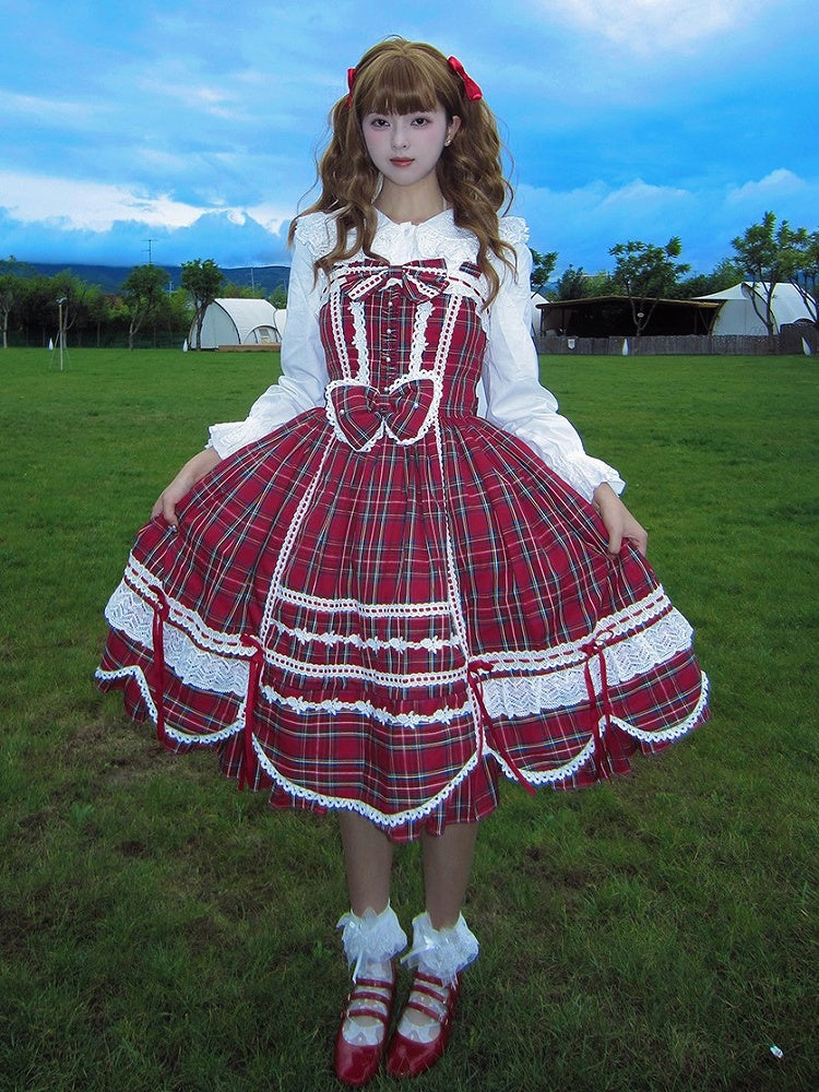 with Accents Skirt Scalloped Jumper Sweet Plaid Lolita Bow Edge Red Trim