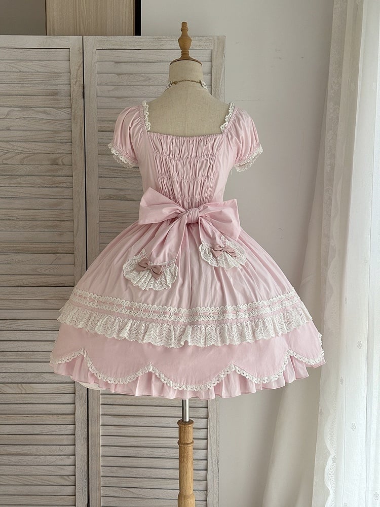Lolita Piece and Neckline Puff Cotton School Pink Square One Old Short Sleeves Dress
