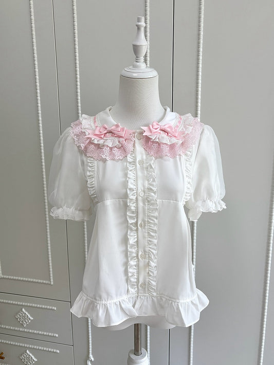 Lolita Rundärmel Flacher Hemdkragen Rosa Weiß Kurz und
