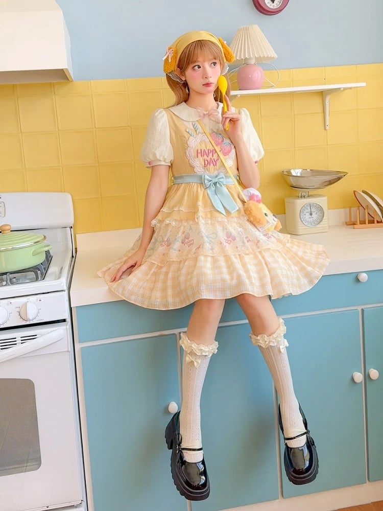 Strawberry Cake Embroidery Bow Creamy Yellow Tiered Lolita Dress Sweet Skirt Big