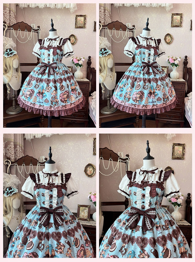 Lolita Dress Sleeves Vintage Teddy Bear Print Sweet Flutter Mint Green JSK