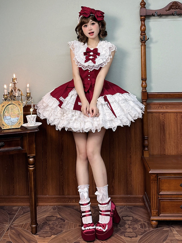 Slim Waist Dress Neck Sleeveless Lolita Ruffle Layered Sweet Fit Striped Fabric Red