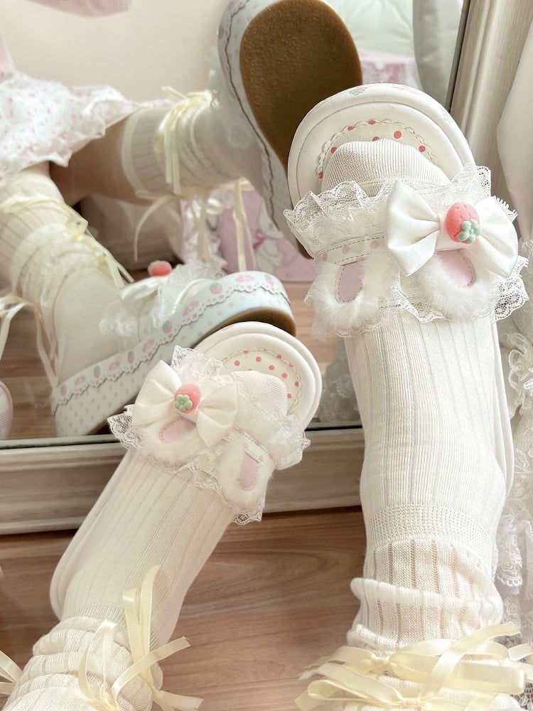 Trim Bow Platform Lolita Lace Accents Sweet White Ear Bunny Slippers Plush