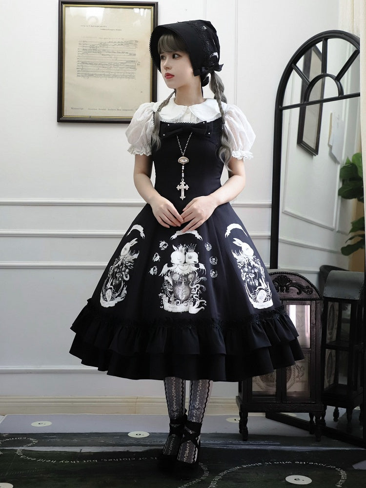 Dark Waist Dress Gothic Bunny Fit Slim Lolita Black Print