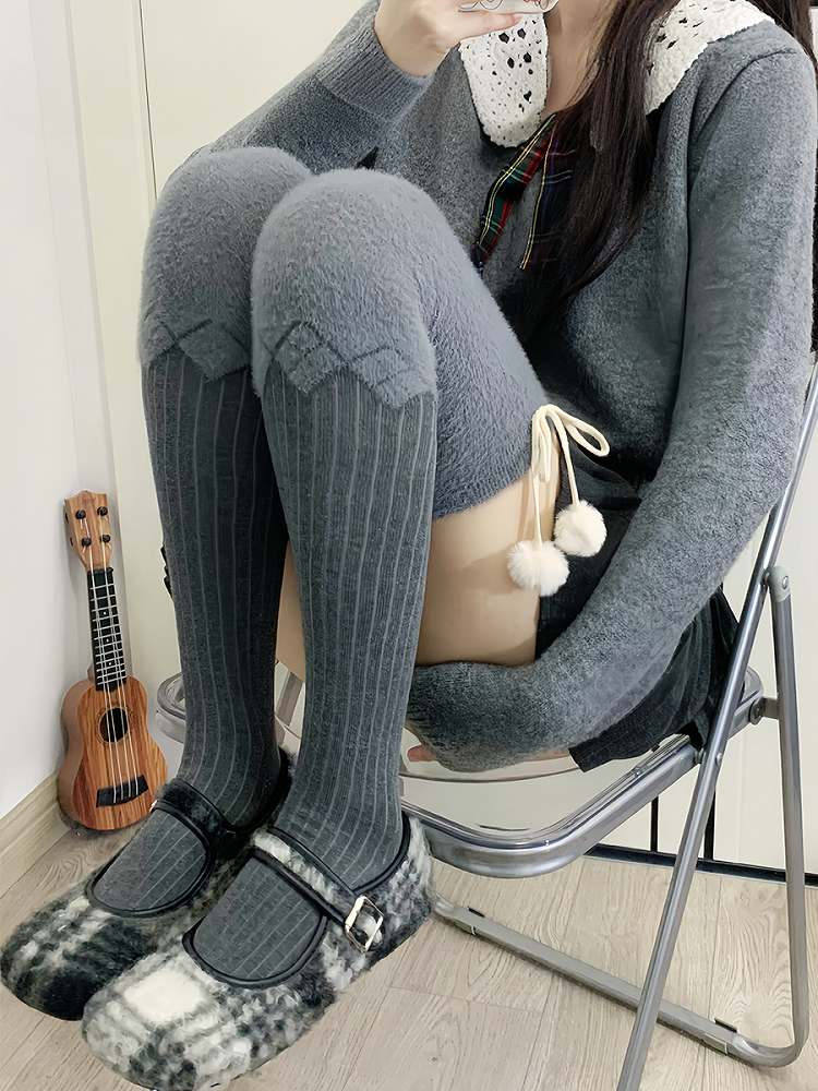 Milk White/Light Coffee/Gray/Black Plush Overknee Stockings With Pompons