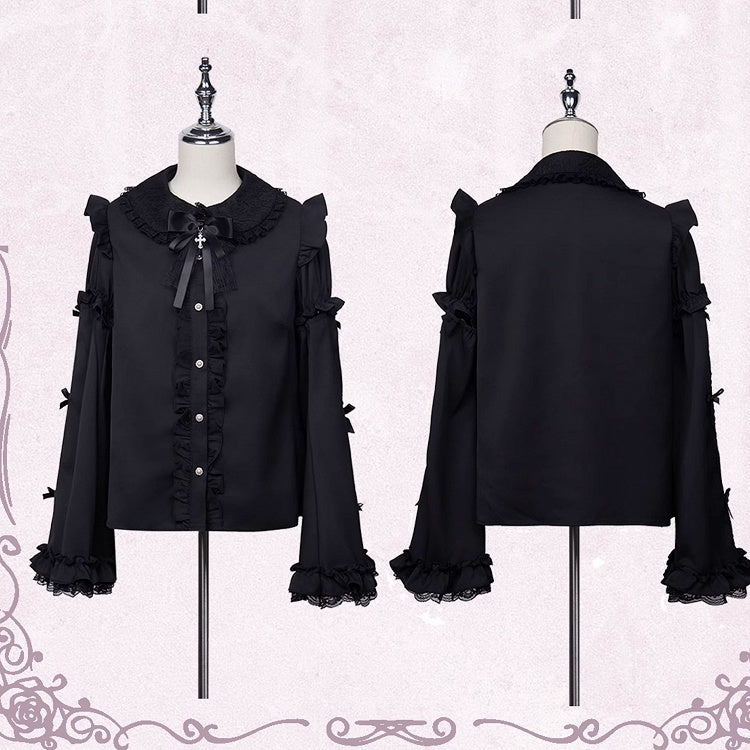 Jirai Kei Peter Sleeves Lolita Ruffled Lace Trim Pan Collar Black Blouse with Detachable Bell Gothic Bowknot