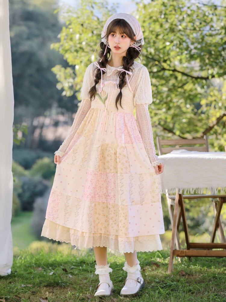 Mori Kei Beige & Pink Tulip Floral Patchwork Summer Dress