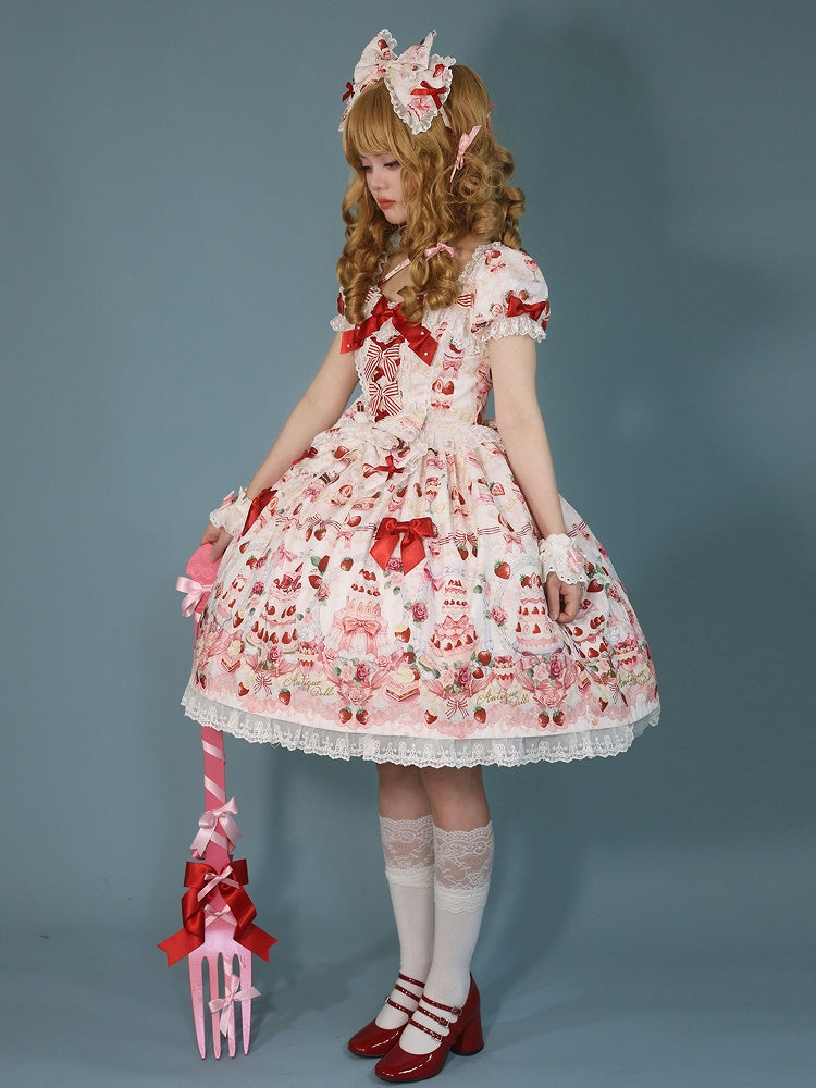 Bow Sweet Set Print White Strawberry Accents / Lolita Full Cake Dress