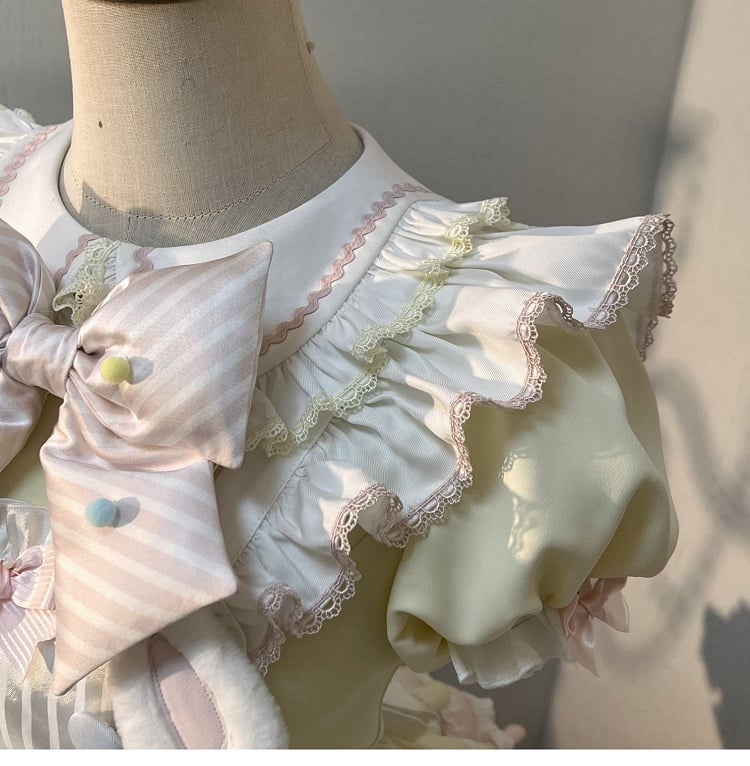 Theme Pink Yellow and Sleeves Puff Lolita Maid Sweet Bunny Dress