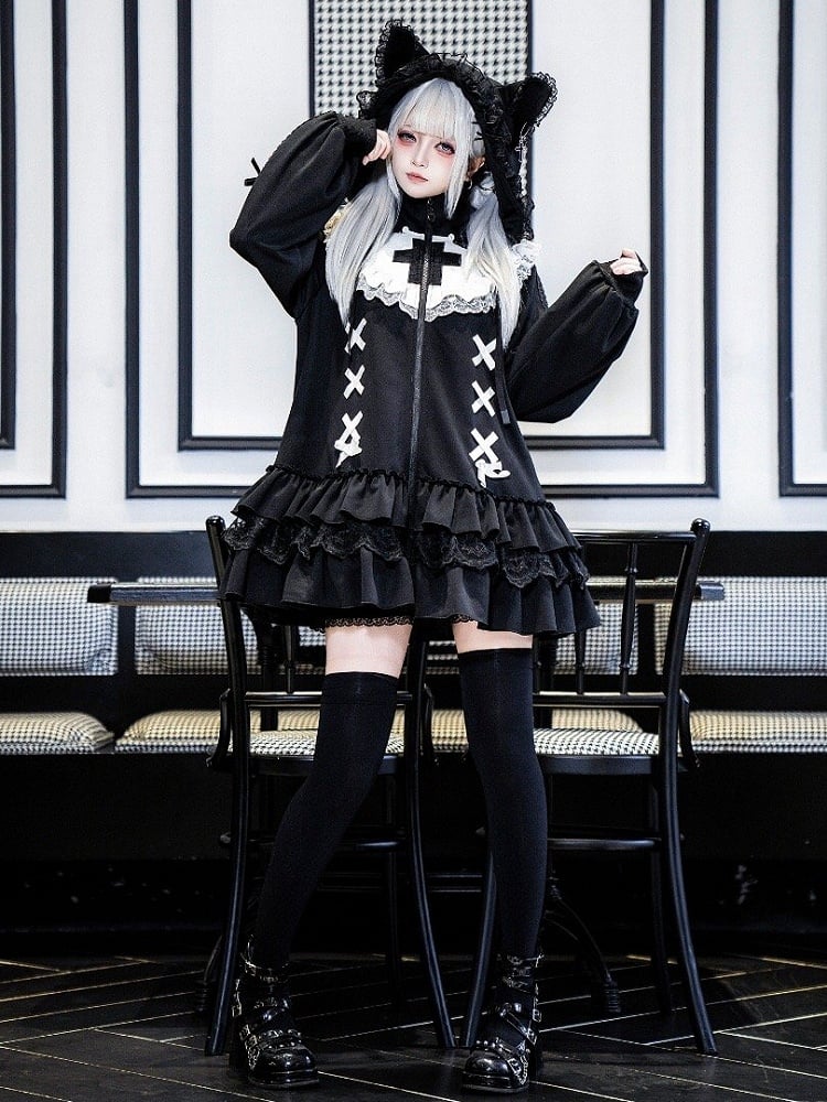 Layered Neck Jirai Cross High Black Jersey Embroidery Hem Kei-inspired Dress Ruffle