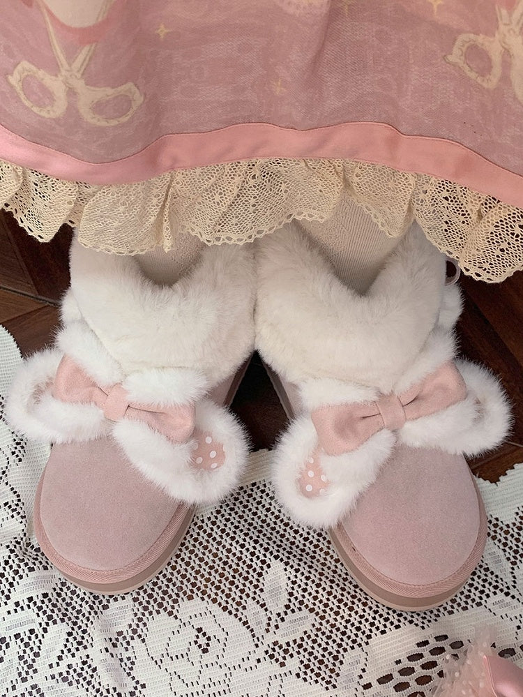 Sweet Winter Polka Boots - Platform Ears Rabbit Plush Lolita Pink Dot