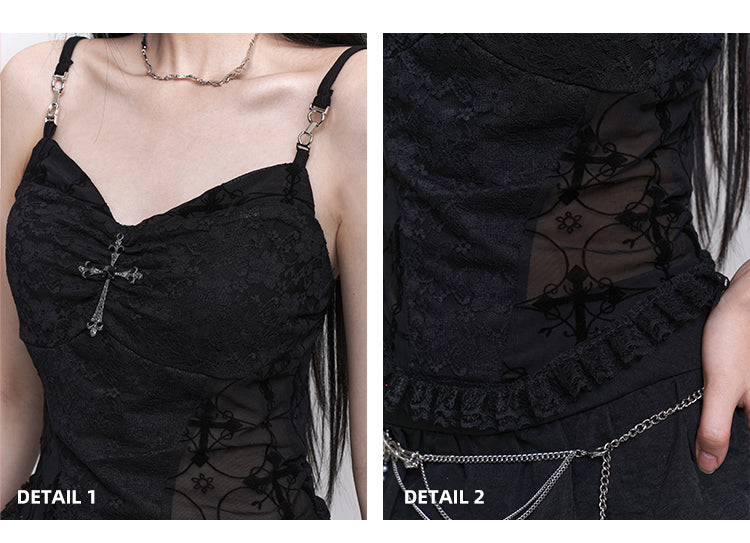 with Beaded Black Lace Patches Waist Cross Decorated Cami Top Chains