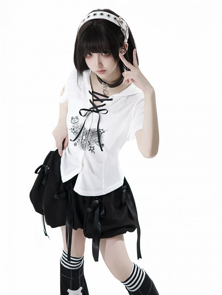 White Frog Lace-up Neckline Front Button Placket T-shirt Cute Print Hooded Waffle