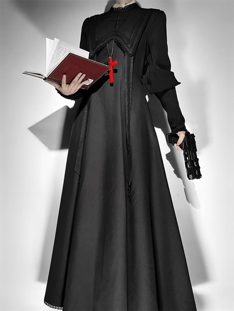 Stickerei Nonne Halloween Ärmeln Leg-of-Mutton Kleid Schwarz Outfits Lolita Kreuz