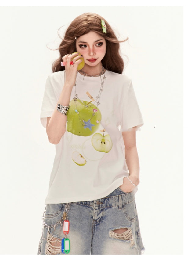 Embellished T-Shirt Green Apple Print White Round Neck Rhinestones