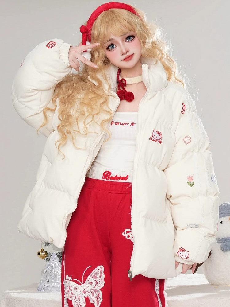 White/Pink Kitties Embroidery High Neck Puffer Jacket
