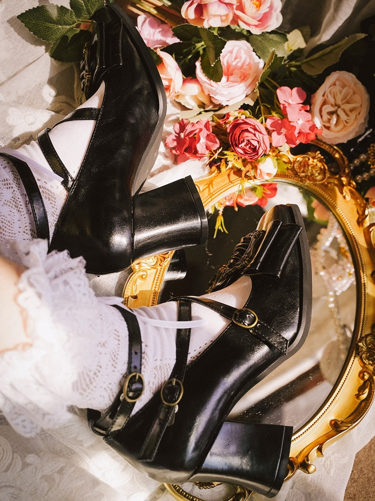 Bow - PU Top Mid Picture Elegant Toe Frame Lolita Vintage Black Heels at Design Square