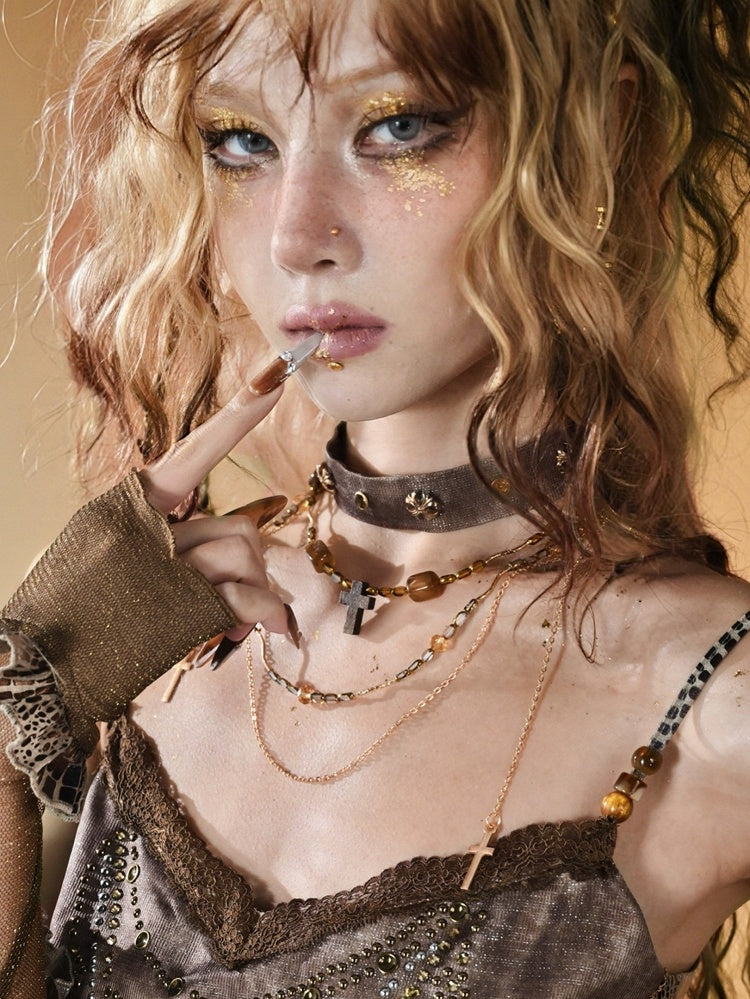 Brown Neacklace Cross Pendant Punk Beaded Choker With Wasteland