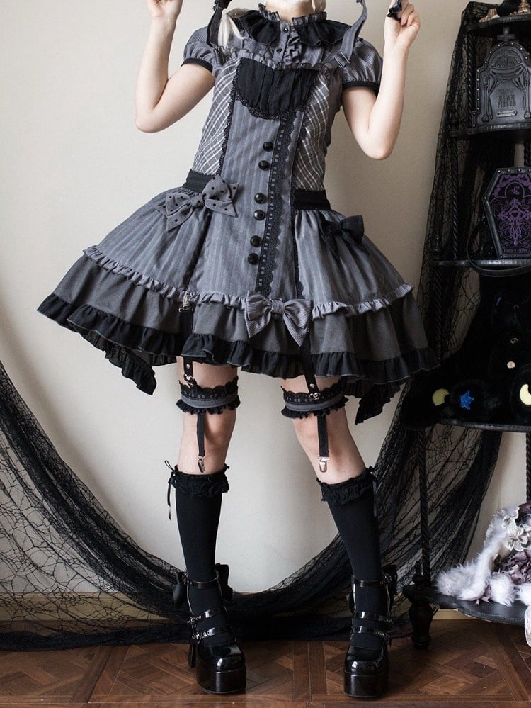 Detachable Bodice Gray Dark Overall Hood Plaid Lolita Ears Bunny Dress with Pattern