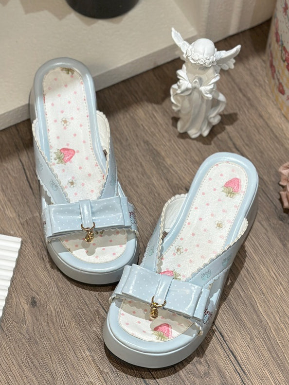 Top at Bow Lolita Slippers Platform Blue Wa Strawberry Print