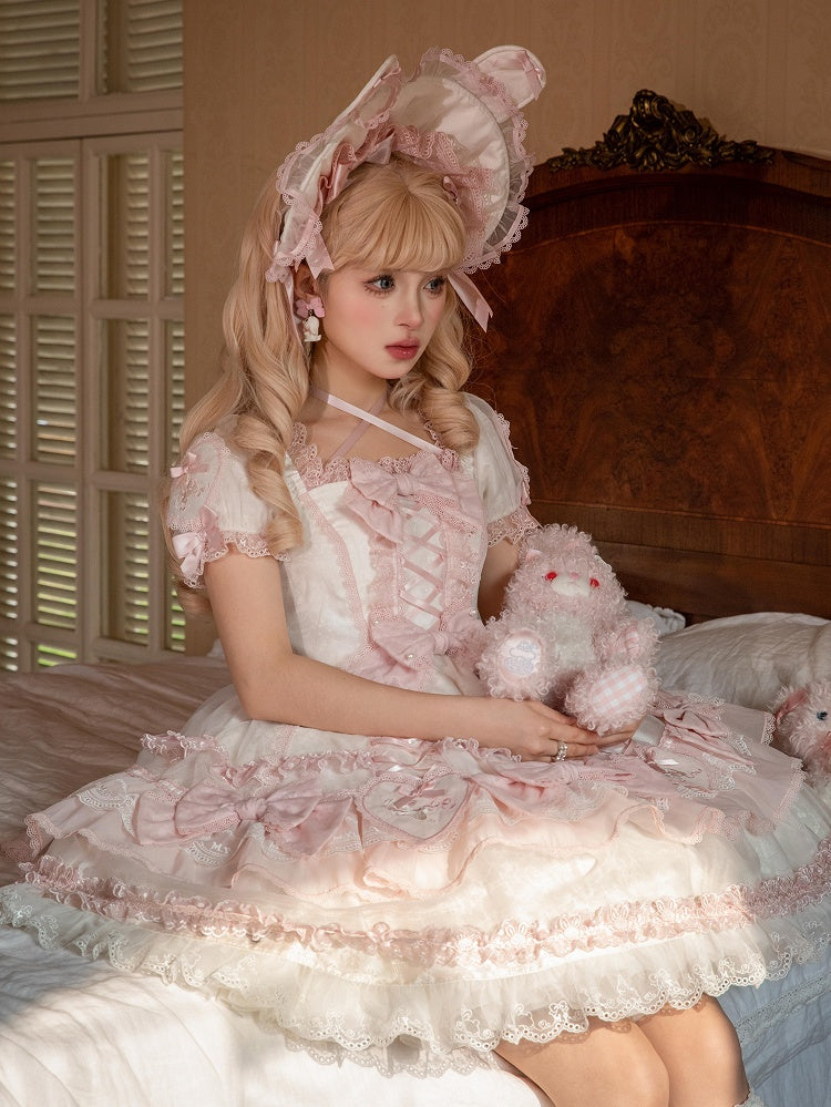 Heart White Lolita Sweet Applique Bunny and Embroidery Accents Dress Pink Bow