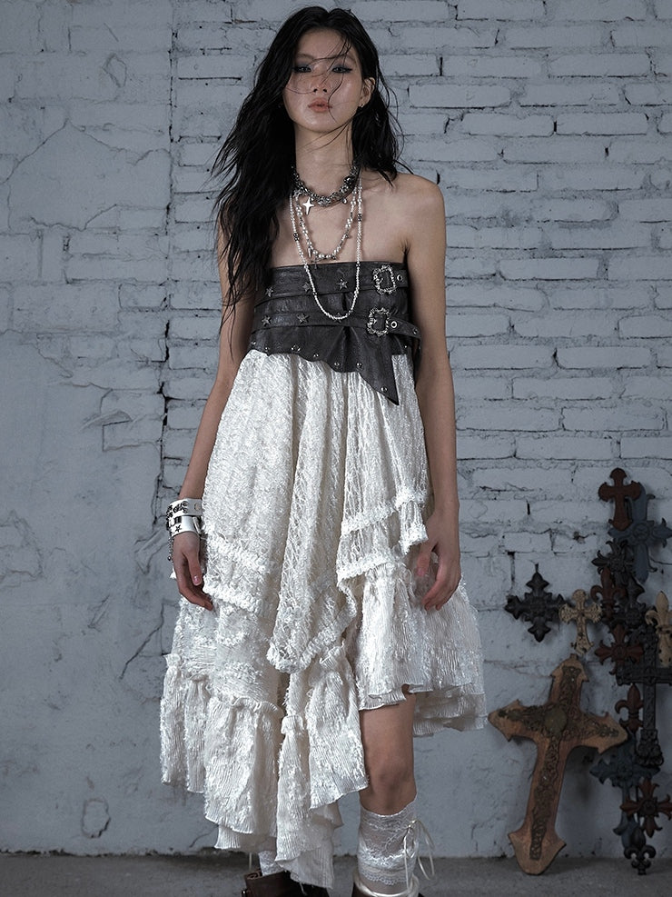 Star Wasteland White Punk Waistline Skirt Flounce PU Asymmetrical Studs Hem