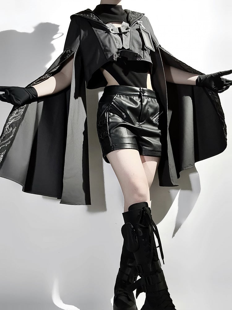 Sleeves XL Overlong Ouji Bodysuit Size Leather Exclusive + Futuristic Shorts Outfit Techwear Black Jacket Cropped Lolita -