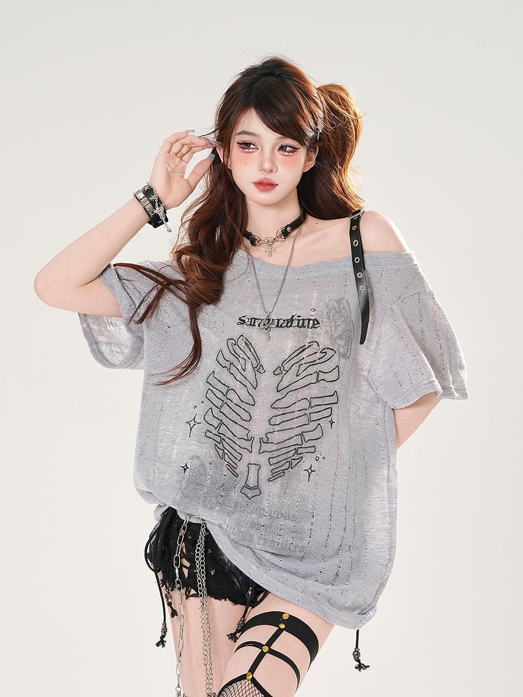 Herz Druck Löcher Asymmetrischer Ausschnitt Distressed
