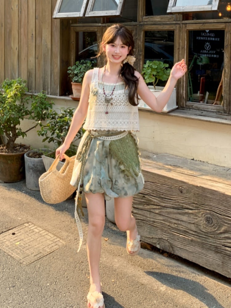 Shorts Dye Lace Waist Mori Kei Green Elastic Side Patches Tie