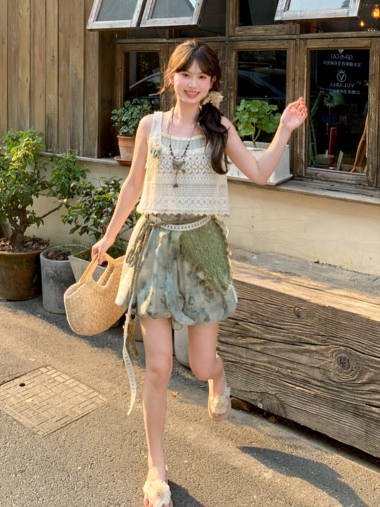 Side Waist Patches Shorts Dye Lace Mori Kei Green Elastic Tie
