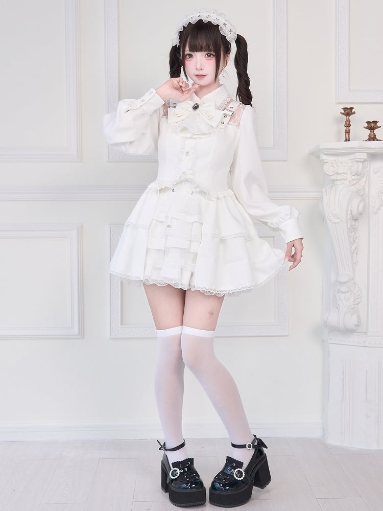 Adorned Blouse Illusion with Strap Details Buckle Neckline White Kei Jirai