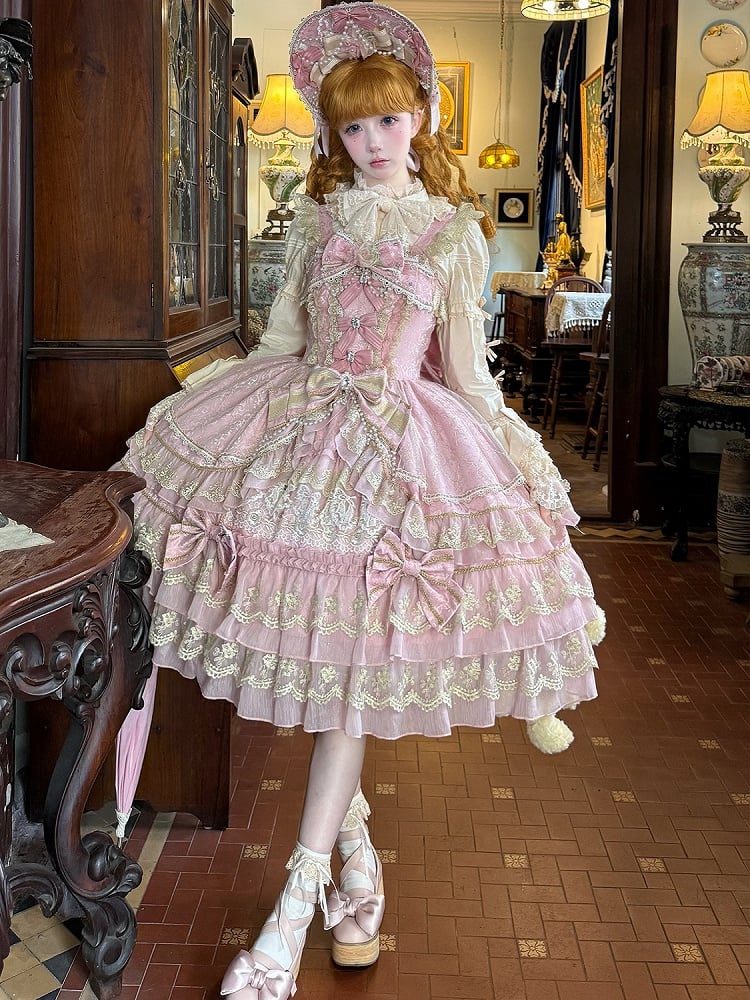 Bow Chain Bead Neckline Pink Lolita Dress Princess Flower Gorgeous