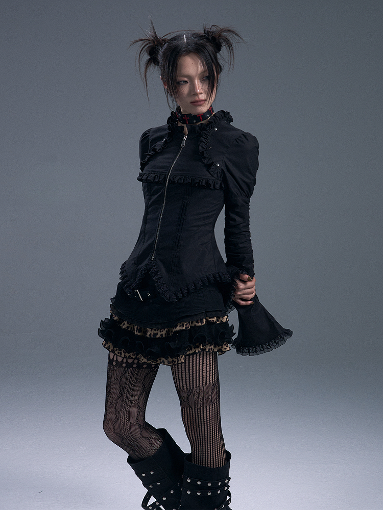 Lace-Trimmed Zipped Black Gothic Vintage Top